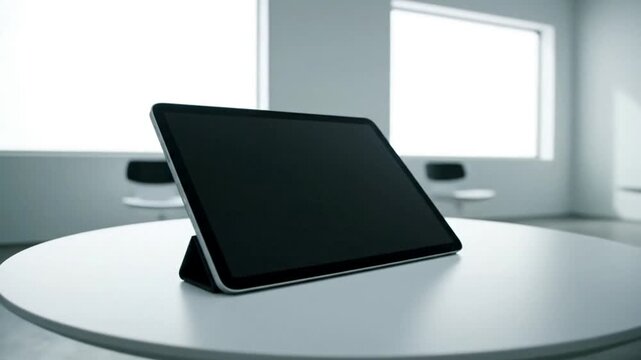 A tablet computer is propped up on a white circular table in a bright room.