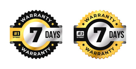 Premium 7 days warranty circle badge vector with black, gold and silver colors. Perfect for product guarantee, icon, logo, symbol, seal, stickers, quality assurance, label, certification