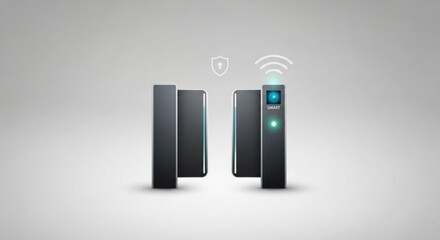 Modern security gate with wireless connectivity and shield icon, ensuring secure access control and data protection in a contemporary setting