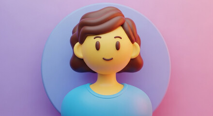 A 3d rendering of a woman with brown hair and a blue shirt against a purple background, perfect for a profile picture or avatar