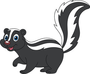 Cartoon skunk illustration, cute wildlife animal vector, friendly forest character, children educational drawing, playful nature design, black and white fauna art