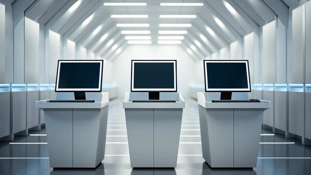 Election Cybersecurity Threats Concept. Futuristic workspace with three computers in a sleek, minimalistic environment.