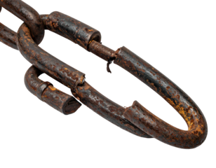 Close-up of a weathered, rusty metal chain link with a screw-like closure