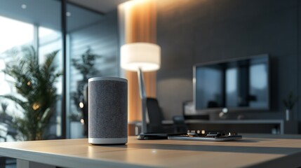 A smart speaker in a modern office environment, controlling lights, temperature (3)