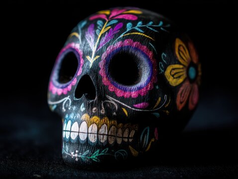 Close up of a decorative sugar skull with colorful floral designs on black background studio shot for Day of the Dead celebration