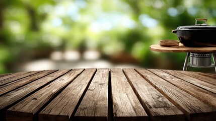 Rustic Wooden Tabletop with BBQ Grill in Green Garden Setting Product Mockup Background