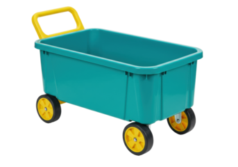Isolated teal plastic toy wagon with yellow handle, outdoor play equipment, durable build