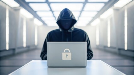 Election Cybersecurity Threats Concept. A figure in a hoodie sits at a laptop with a padlock symbol, suggesting cybersecurity themes.