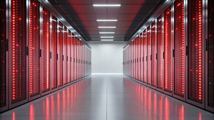 Fototapeta premium Election Cybersecurity Threats Concept. Futuristic data center with illuminated server racks in a sleek corridor.