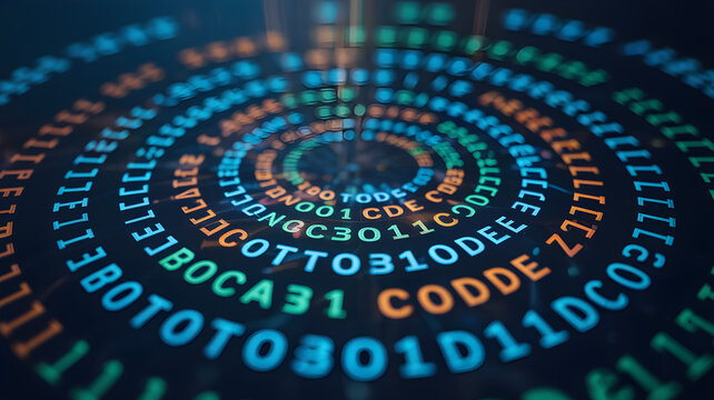 A mesmerizing closeup of a digital display showcasing concentric circles of alphanumeric code, radiating outwards in a vibrant spectrum of blue, orange, and green hues