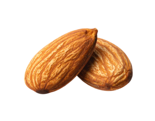 Two peeled, textured almonds, close-up, isolated on black background, still life