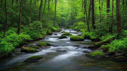 Obraz premium Serene Forest Stream with Mossy Rocks and Vibrant Green Lush Foliage