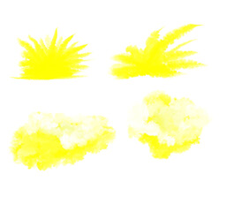 Four yellow watercolor splash and cloud elements dynamic abstract paint brushstrokes isolated on transparent background Hand Draw