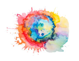 Watercolor abstract of concentric circles with vibrant red, yellow, and blue hues