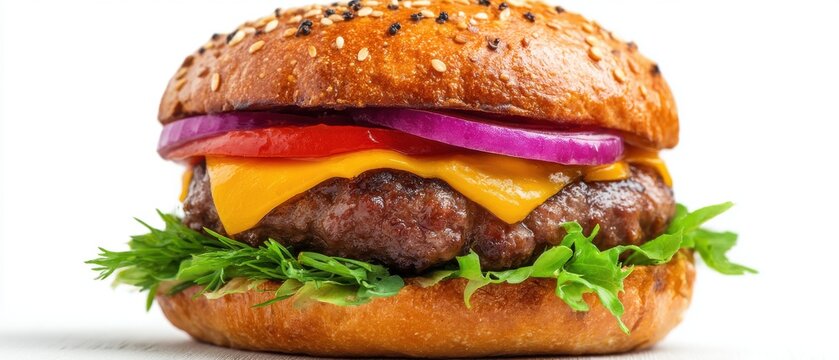 Delicious juicy burger with cheese tomato red onion and fresh greens close up studio shot on white background - Powered by Adobe