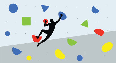 Simple flat illustration Silhouette of a climber on a colorful geometric bouldering wall