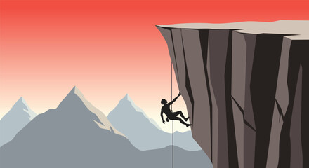 Simple flat illustration Silhouette of a rock climber rappelling down a steep mountain cliff during a vibrant sunset