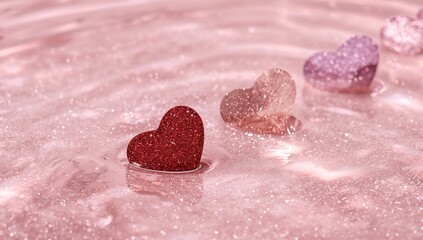 Fototapeta premium Sparkling Reflections A Trio of Hearts on a Glittering, Liquid Surface.