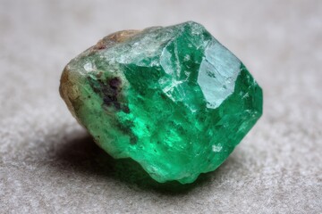 Close up of raw emerald crystal specimen on neutral background macro shot mineralogy gemology geology