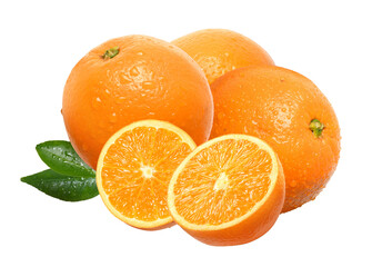 vibrant oranges with dew drops, one halved, conveying freshness and healthy eating for nutritional and wellness themes on isolated transparent background