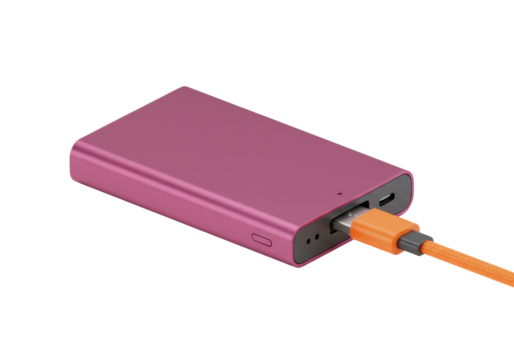 Isolated purple power bank charging with an orange cable on a seamless background, modern design