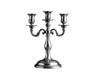 A silver three-armed candlestick, isolated against a solid black background
