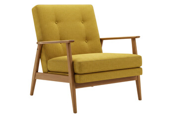 Isolated mustard upholstered chair with light brown wooden frame for indoor living