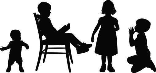 Children silhouettes illustration, kids activity vector, childhood posture drawing, reading book, walking toddler, playful gesture, lifestyle concept, educational family design