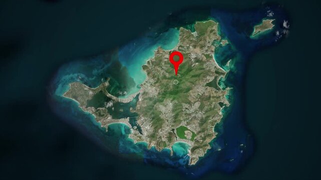 High-Resolution Satellite View Animation of Saint Martin Island with Red Location Pin Drop, Detailed Aerial Map of Caribbean Island Saint Martin / Sint Maarten with Animated GPS Marker