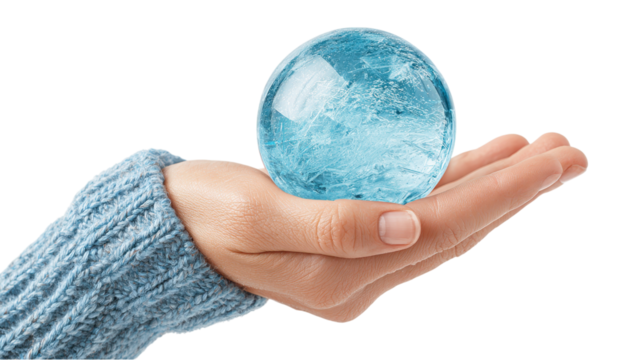 Hand holding a clear blue crystal ball symbolizing clarity, reflection, and intuition. Perfect for themes of insight, spirituality, and creativity in design or decor.