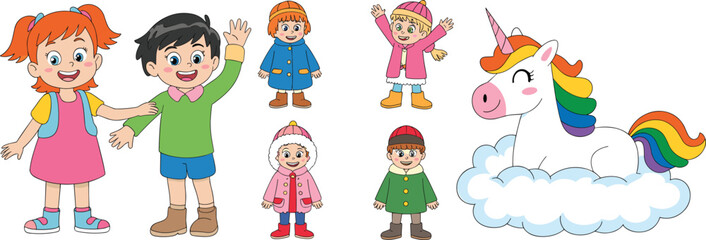 Children with unicorn illustration, fantasy kids vector, colorful cartoon drawing, joyful childhood scene, magical rainbow animal, educational and playful design