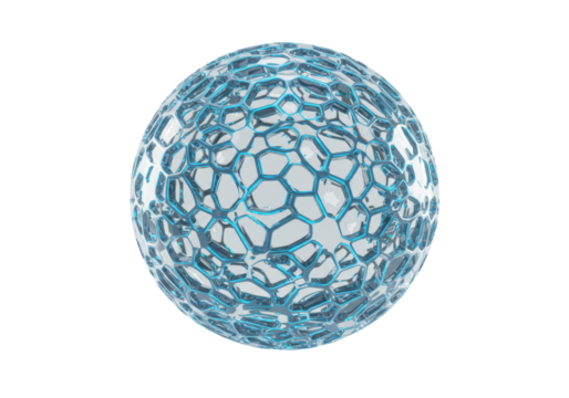Isolated spherical network of glass with blue edges for digital design and rendering art