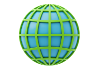 Isolated 3D rendering of stylized globe with green grid over light blue sphere surface