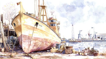 Fototapeta premium Shipbuilding yard , colossal hulls, foggy atmosphere, and a nautical color scheme,