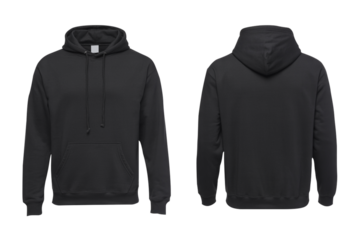 A plain black hooded sweatshirt shown from the front and back against a solid black background for clothing mockups and design templates