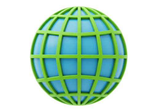 Isolated 3D rendering of stylized globe with green grid over light blue sphere surface