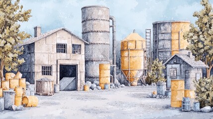 Cement mixing facility , gritty textures, and a monochrome base with pops of orange,