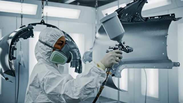 Woman car painter in protective suit spray painting automobile parts in a paint booth for car body repair and renovation footage