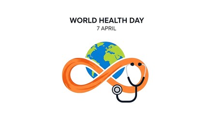 World health day poster with globe, stethoscope, and infinity symbol isolated on white background