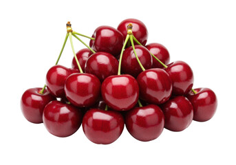Isolated group of red cherries with stems on display, ripe fresh fruit, summer harvest