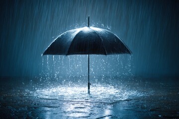 Umbrella protecting from heavy rain falling on wet ground in a dark blue moody atmosphere close up shot