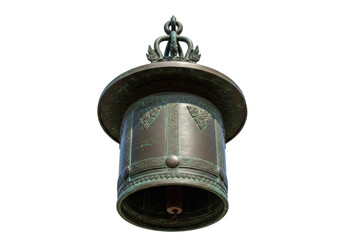 Isolated ornate bronze hanging bell with intricate details and aged patina on display