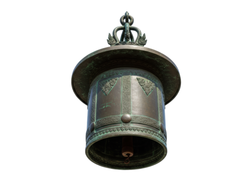 Isolated ornate bronze hanging bell with intricate details and aged patina on display