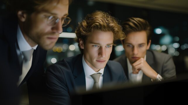 Team of professionals visualizing projected rental income and property trends on holographic displays, symbolizing data-driven decisions, AI financial modeling, and real estate strategy. cinematic