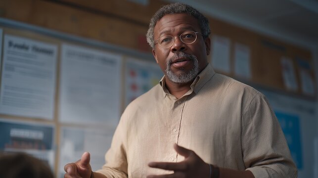 Teacher explaining classroom rules with &ldquo;prohibited behavior&rdquo; poster in background, emotion of authority and patience visible, representing educational guidelines, discipline enforcement, and