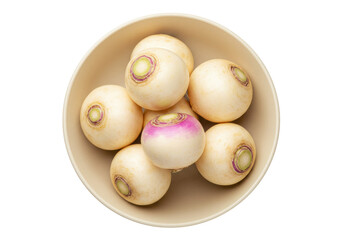Isolated bowl of turnips or edible root vegetables, also known as the white turnip food crop