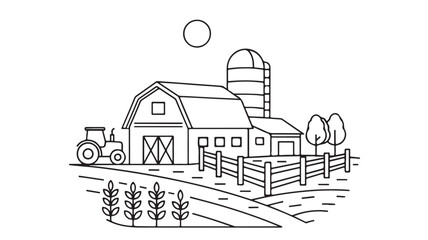 A simple line drawing of a farm scene with a barn, silo, tractor, and fields under a bright sun.