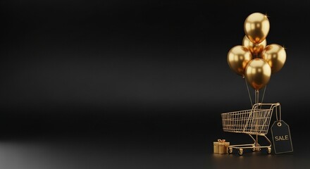 Golden balloons lift a shopping cart with a sale tag against black background.