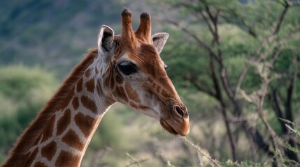 Obraz premium Giraffe Portrait in African Savannah Close Up Profile View Wildlife Animal Observation in Natural Habitat