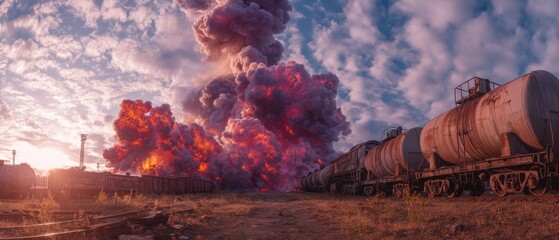 Train Derailment Explosion with Fireball and Smoke Plume at Sunset Wide Angle View Near Tracks and Tanker Cars